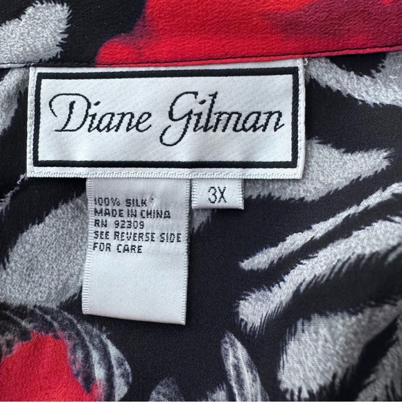 New Diane Gilman Black Red Sequin Floral Zebra 100% Silk Button Down Shirt Sz 3X - Picture 10 of 15